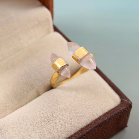 925 Sterling Silver Handmade Adjustable Rose Quartz Gemstone Gold Plated Rings For Women