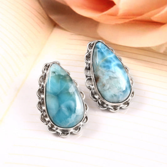 Solid 925 Sterling Silver Pear Shape Larimar Earring by Jewelldiro