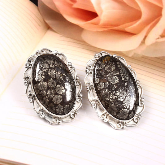 925 Sterling Silver Handmade Snowflake Obsidian Crystal Earring For Women