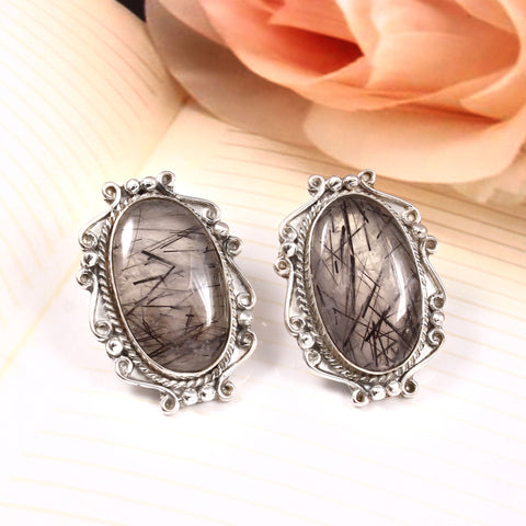 Amazing Black Rutile Large Gemstone 925 Sterling Silver Earrings Stud