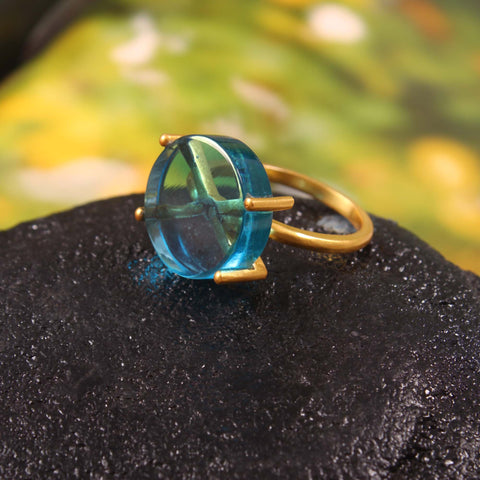 Solid 925 Sterling Silver Gold Plated Blue Glass Stone Ring