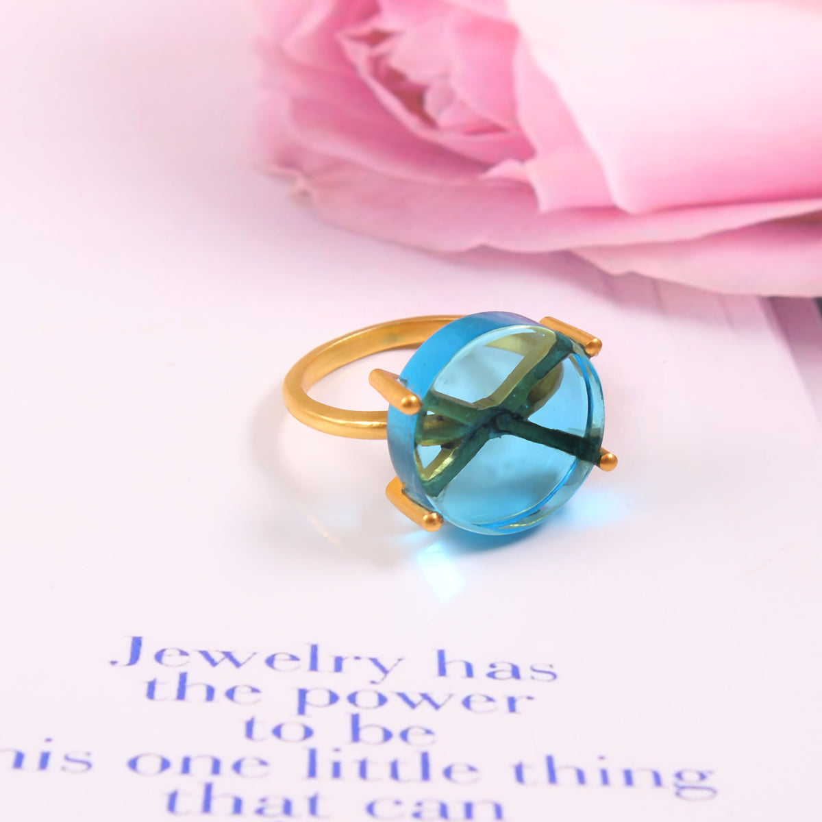 Solid 925 Sterling Silver Gold Plated Blue Glass Stone Ring