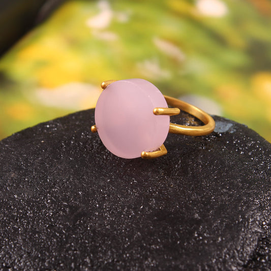 solid 925 Sterling Silver Handmade Designer Pink Glass Quartz Gold Plated Ring