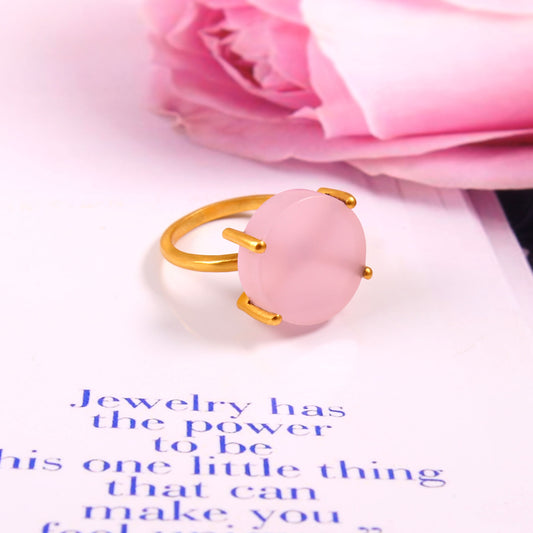 solid 925 Sterling Silver Handmade Designer Pink Glass Quartz Gold Plated Ring