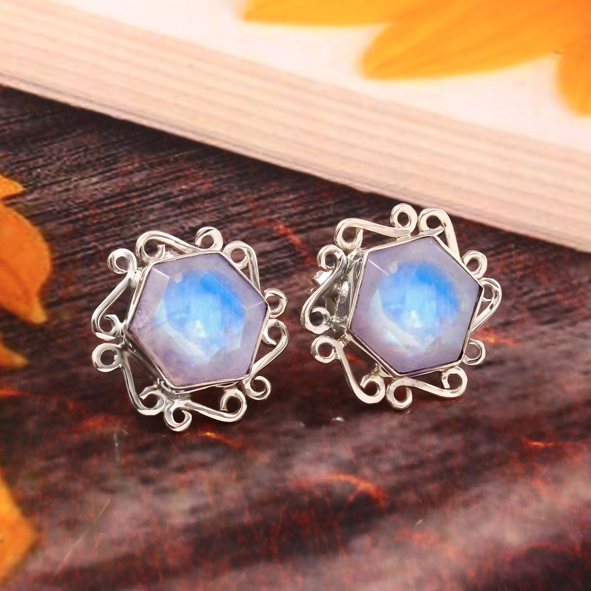 Floral Design Handmade Rainbow Moonstone Hexagon Shape 925 Sterling Silver Earring Studs