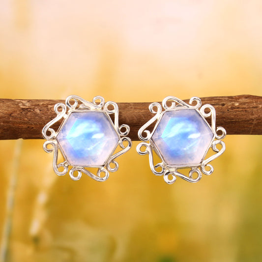 Floral Design Handmade Rainbow Moonstone Hexagon Shape 925 Sterling Silver Earring Studs