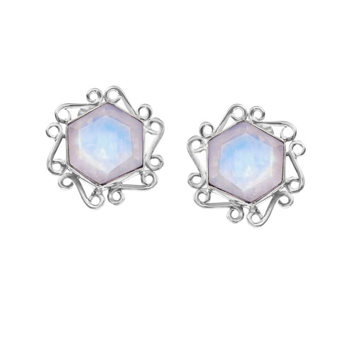 Floral Design Handmade Rainbow Moonstone Hexagon Shape 925 Sterling Silver Earring Studs