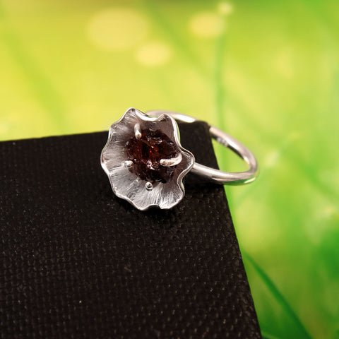 925 Sterling Silver Handmade Raw Garnet Flower Prong Setting Rings For Women