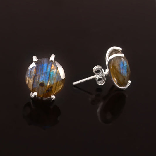 Solid 925 Sterling Silver Round Labradorite Stud Earrings For Women