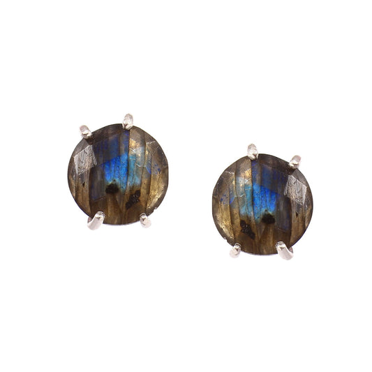 Solid 925 Sterling Silver Round Labradorite Stud Earrings For Women