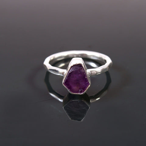 Solid 925 Sterling Silver Raw Purple Amethyst Gemstone Silver Round Ring