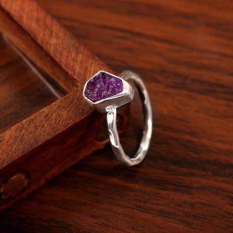 Solid 925 Sterling Silver Raw Purple Amethyst Gemstone Silver Round Ring