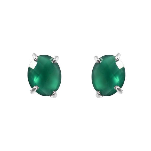 Solid 925 Sterling Silver Oval Shape Green Onyx Studs Earrings