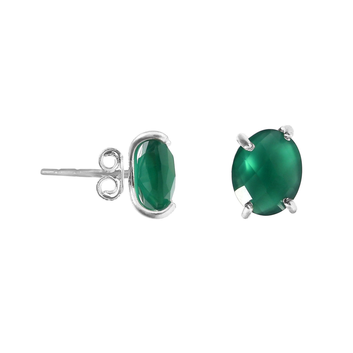 Solid 925 Sterling Silver Oval Shape Green Onyx Studs Earrings