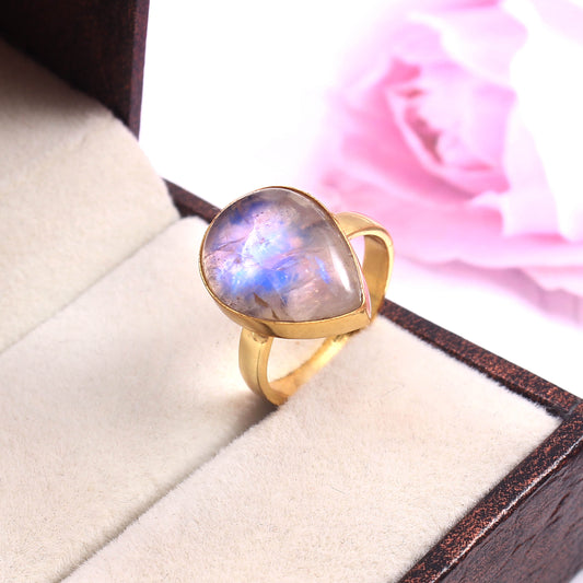 925 Sterling Silver Rainbow Moonstone Teardrop Cabochon Ring For Men/Women Gifts Ideas Gold Plated Handmade Charm Ring