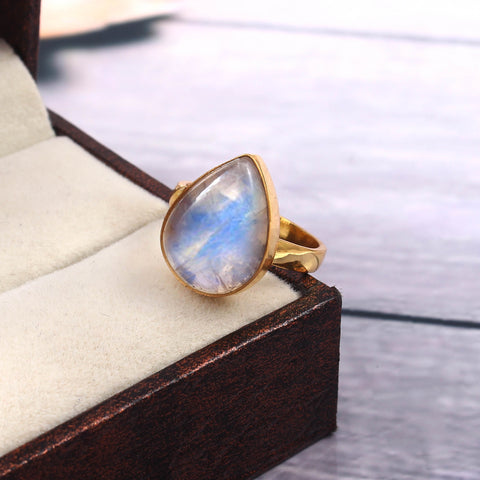 925 Sterling Silver Rainbow Moonstone Teardrop Cabochon Ring For Men/Women Gifts Ideas Gold Plated Handmade Charm Ring