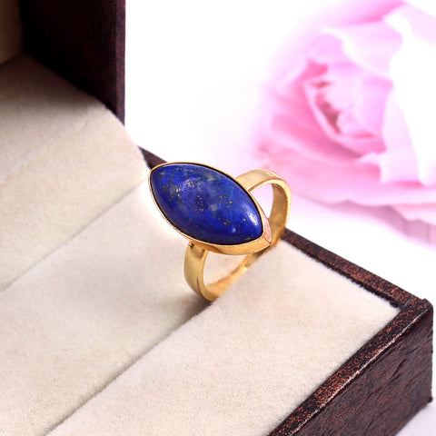 925 Sterling Silver Handmade Marquise Shape Lapis Lazuli Gold Plated Ring