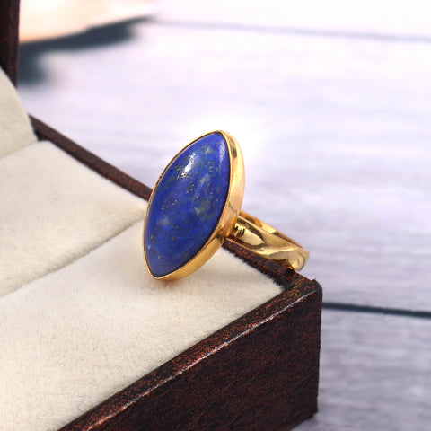 925 Sterling Silver Handmade Marquise Shape Lapis Lazuli Gold Plated Ring