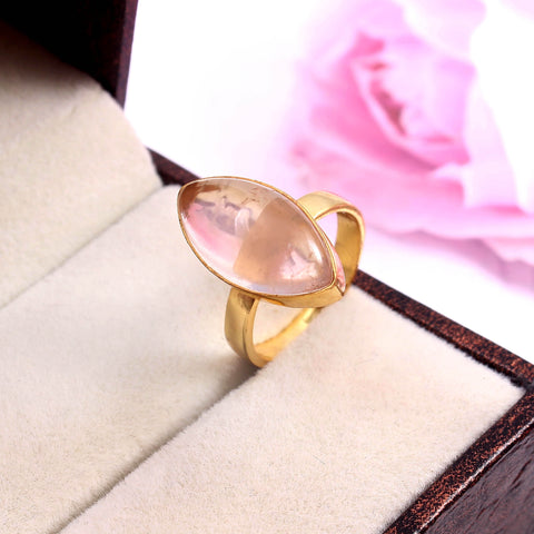 925 Sterling Silver Handmade Marquise Cut Rose Quartz Gold Plated love Ring