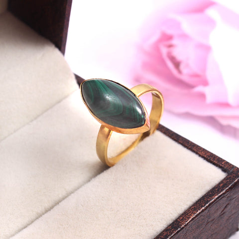 925 Sterling Silver Handmade Marquise Shape Melachite Gemstone Gold Plated Gift Ring