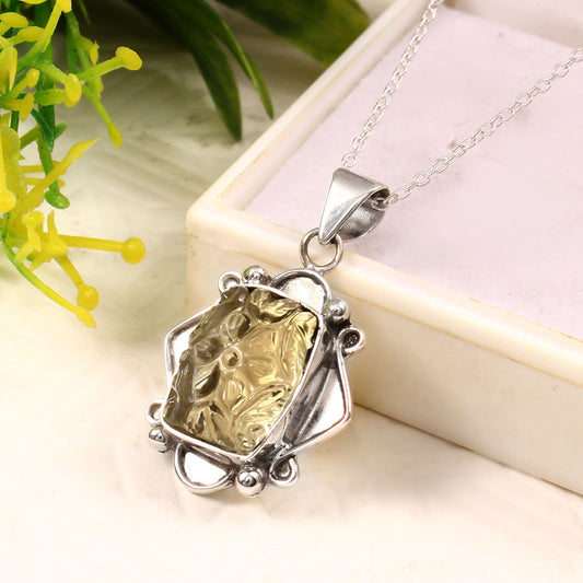 Solid 925 Sterling Silver Handmade Square Shape Green Amethyst Necklace For Women