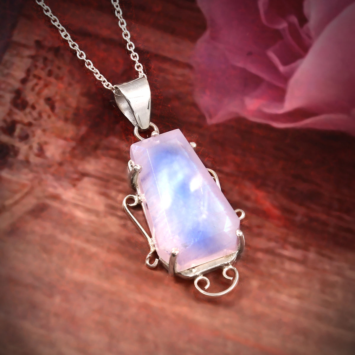 925 Sterling Silver Coffin Rainbow Moonstone Pendant With Chain