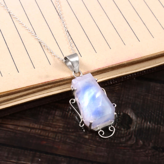 925 Sterling Silver Coffin Rainbow Moonstone Pendant With Chain