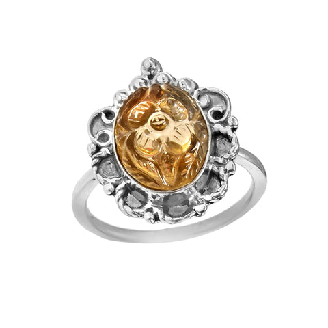 925 Sterling Silver Handmade Flower Design Natural Citrine Gemstone Ring