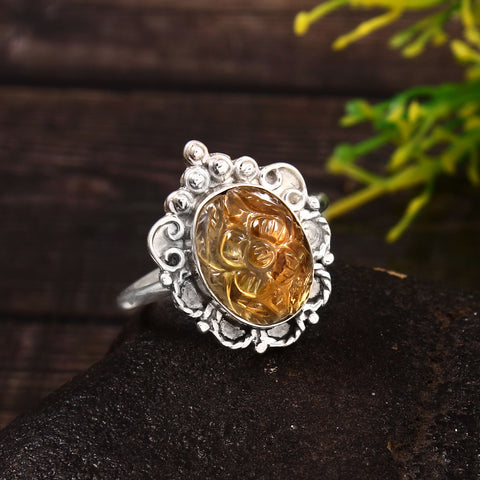 925 Sterling Silver Handmade Flower Design Natural Citrine Gemstone Ring