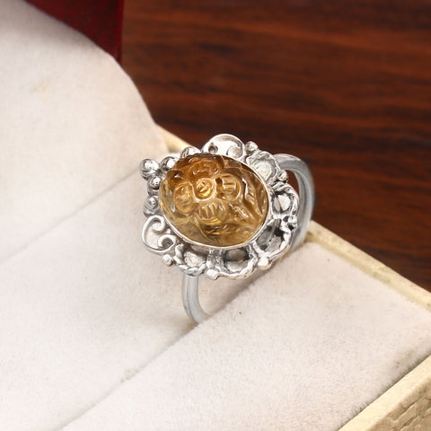 925 Sterling Silver Handmade Flower Design Natural Citrine Gemstone Ring