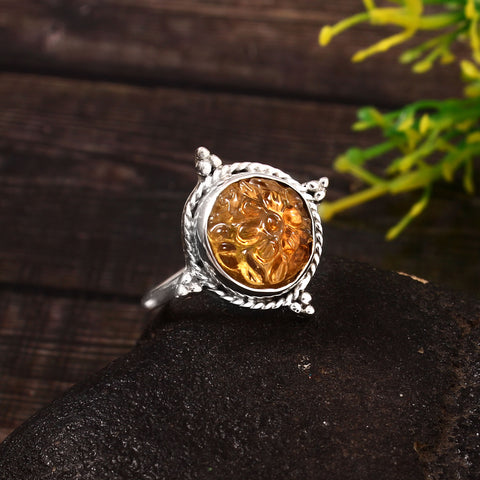 Natural Citrine Gemstone Silver Ring Carving Flower Design Gemstone Ring 925 Sterling Silver Handmade Ring For Women Jewelry For Gift Her