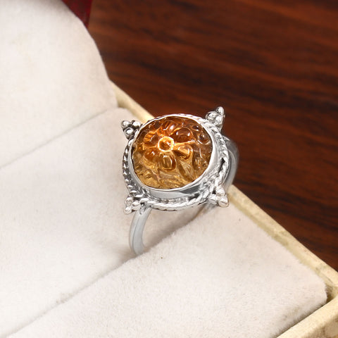 Natural Citrine Gemstone Silver Ring Carving Flower Design Gemstone Ring 925 Sterling Silver Handmade Ring For Women Jewelry For Gift Her