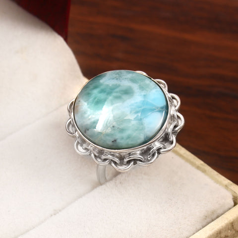 Solid 925 Sterling Silver Handmade Oxidized Oval Larimar Rings For Women