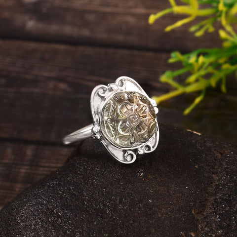 925 Sterling Silver Handmade Flower Carved Green Amethyst Ring by Jewelldiro