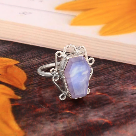 925 Sterling Silver Rainbow Moonstone Handmade Coffin Ring For Women Handmade Jewelry For Her Free Shipping