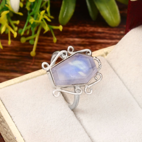 925 Sterling Silver Rainbow Moonstone Handmade Coffin Ring For Women Handmade Jewelry For Her Free Shipping