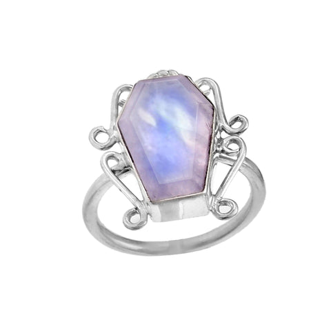 925 Sterling Silver Rainbow Moonstone Handmade Coffin Ring For Women Handmade Jewelry For Her Free Shipping