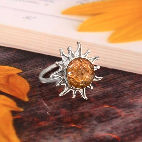 925 Sterling Silver Handmade Natural Citrine Gemstone Flower Ring For Women