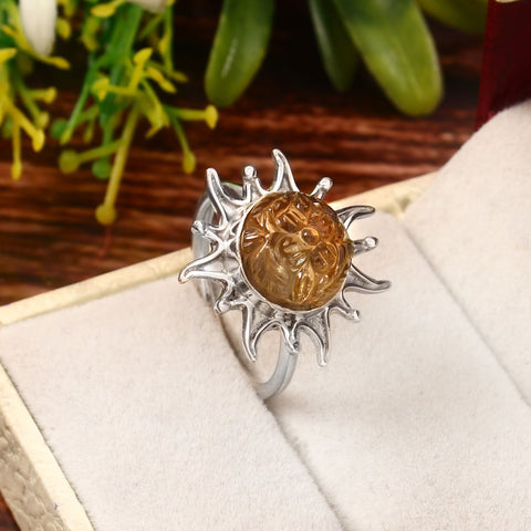 925 Sterling Silver Handmade Natural Citrine Gemstone Flower Ring For Women