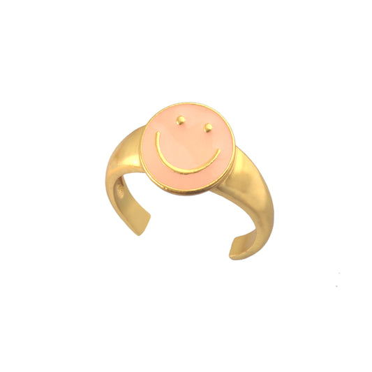 925 Sterling Silver Adjustable Pink Smiley Enameled Gold Plated Ring