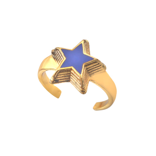 925 Sterling Silver Adjustable Blue Star Enamel Gold Plated Ring