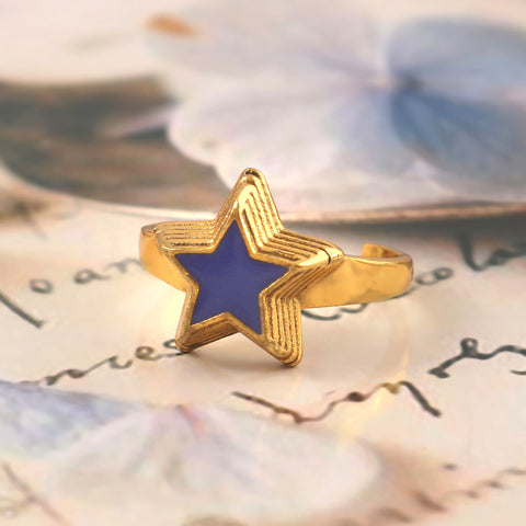 925 Sterling Silver Adjustable Blue Star Enamel Gold Plated Ring