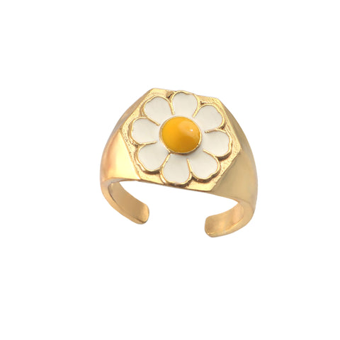 925 Sterling Silver Adjustable Daisy Signet Gold Plated Enamel Ring by Jewelldiro