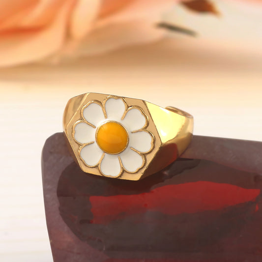 925 Sterling Silver Adjustable Daisy Signet Gold Plated Enamel Ring by Jewelldiro