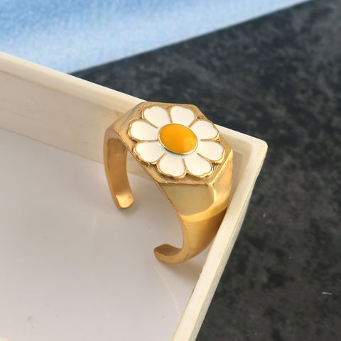 925 Sterling Silver Adjustable Daisy Signet Gold Plated Enamel Ring by Jewelldiro