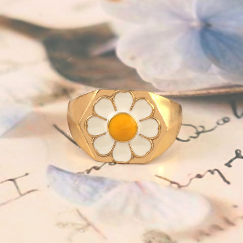 925 Sterling Silver Adjustable Daisy Signet Gold Plated Enamel Ring by Jewelldiro