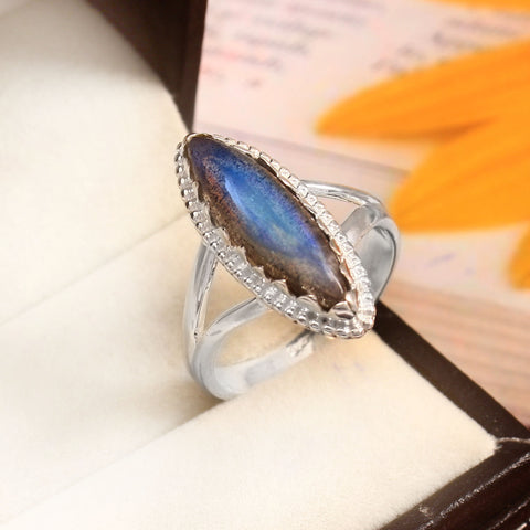 Solid 925 Sterling Silver Handmade Marquise Blue Fire Labradorite Gemstone Ring