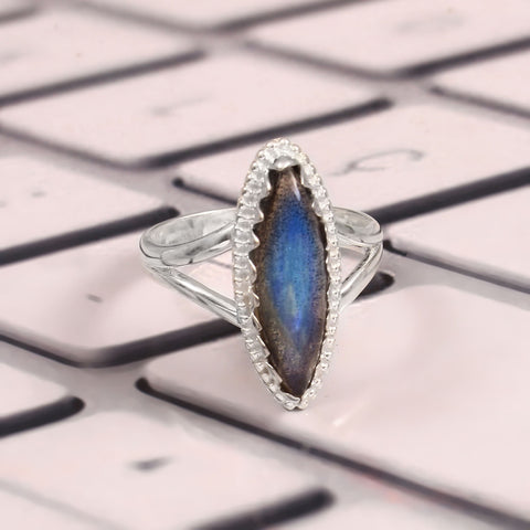 Solid 925 Sterling Silver Handmade Marquise Blue Fire Labradorite Gemstone Ring