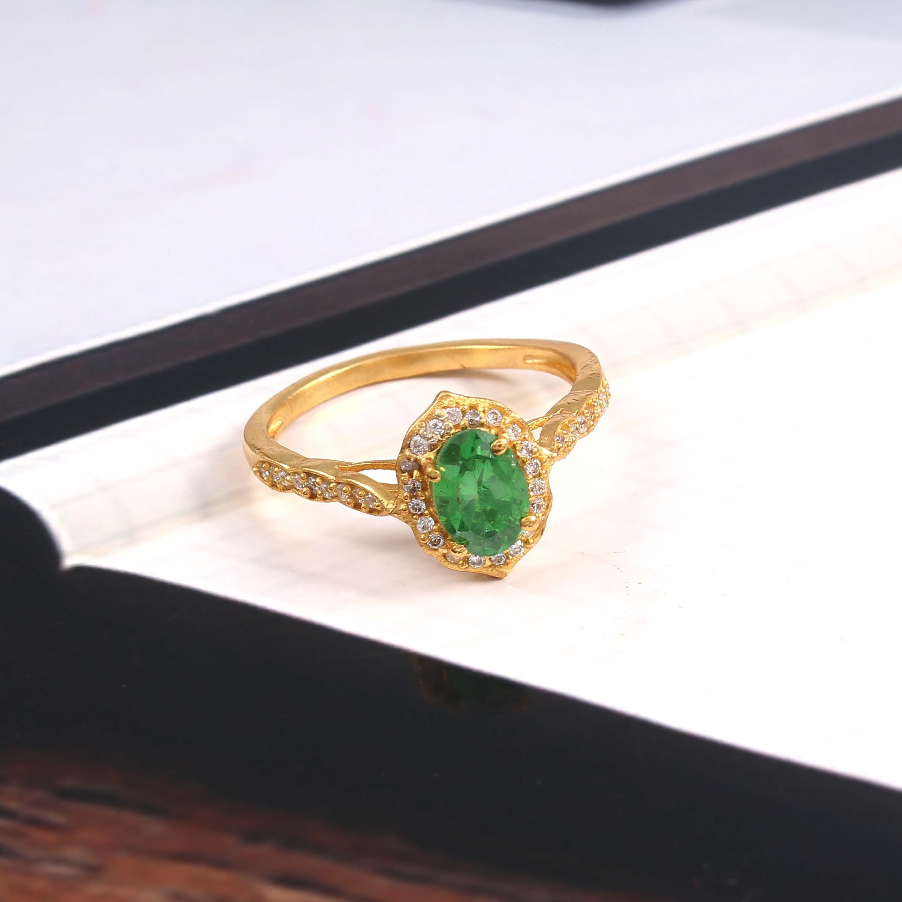 925 Sterling Silver Gold Plated Green Topaz & Zircon Ring jewelldiro