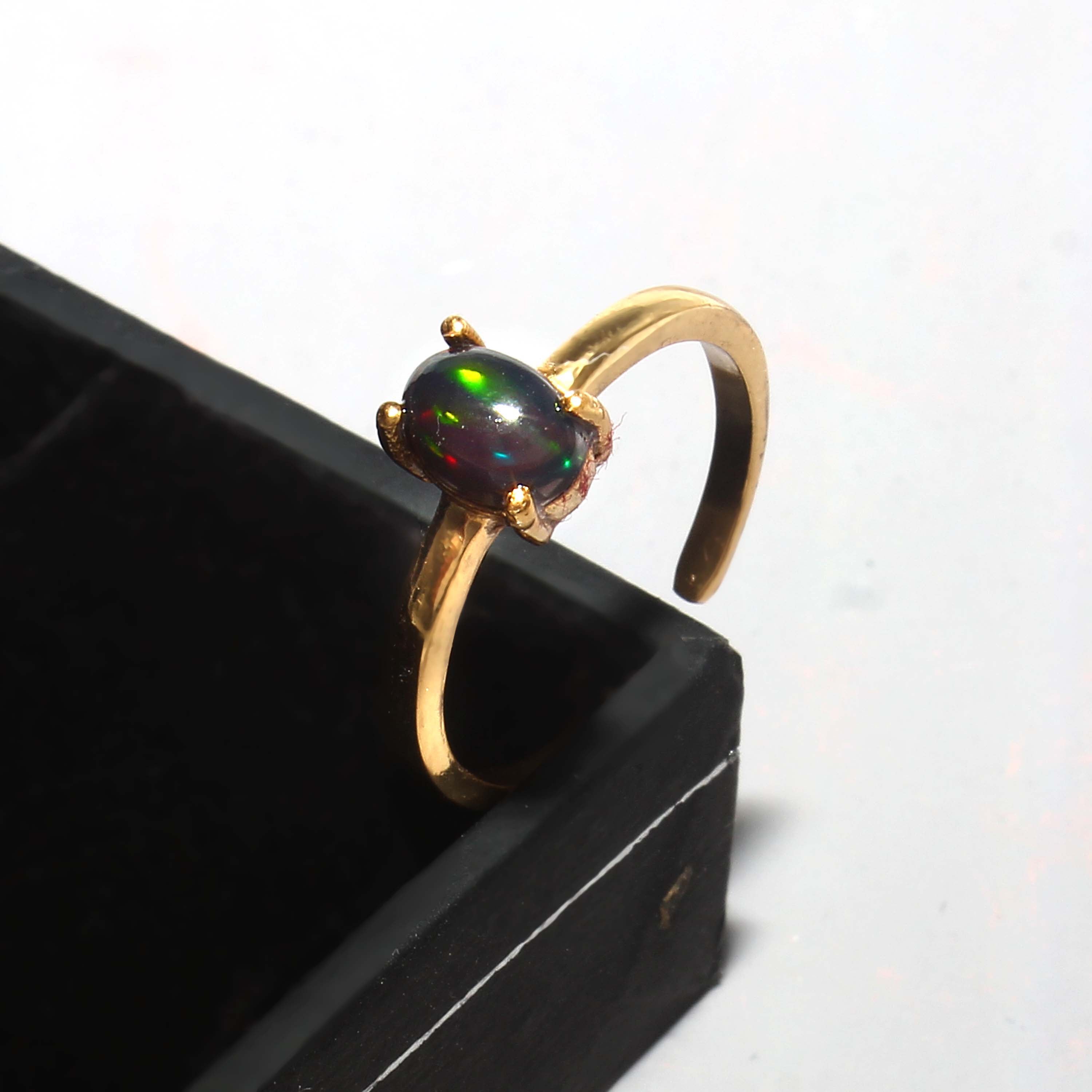 925 Sterling Silver Gold Plated Natural Black Opal Adjustable Ring jewelldiro